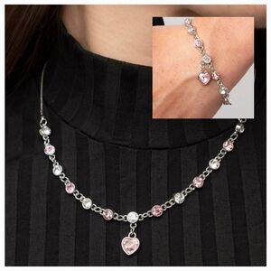 Paparazzi Elegant Silver and Pink Heart Necklace and Bracelet Set